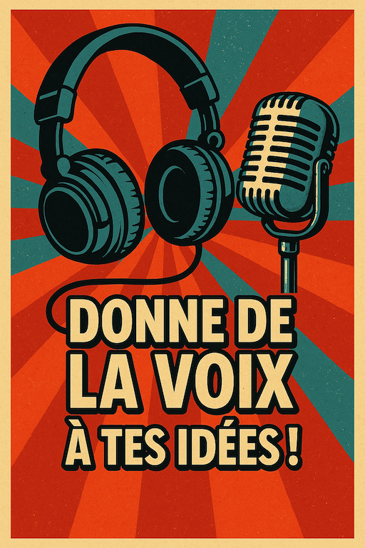 Affiche 'Donne de la voix à tes idées!' avec un casque et un micro rétro